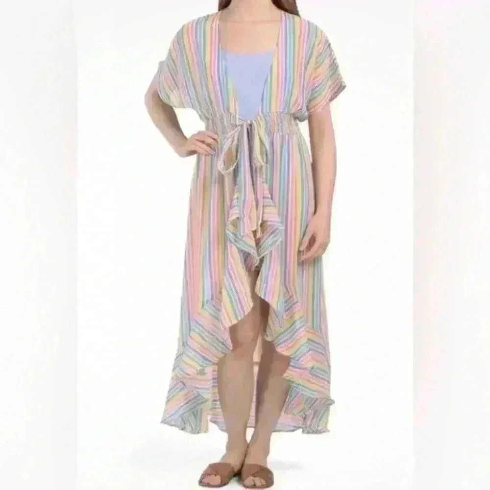 America & Beyond Rainbow Hi-lo Hem Ruffle Trim Cover-up Dress